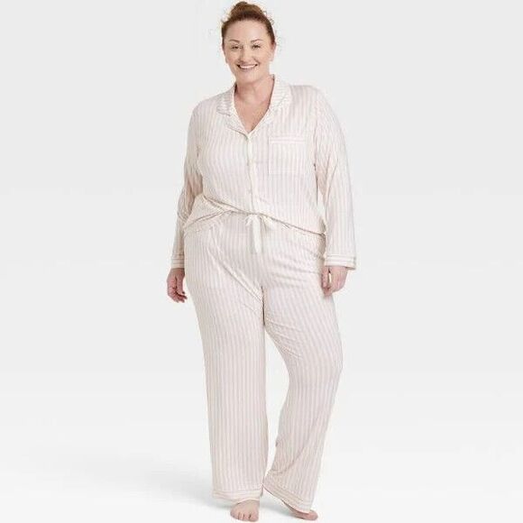 Stars Above Other - Stars Above Size 2X  Long Sleeve Notch Collar Top Pajama Pants Set Pink Stripe